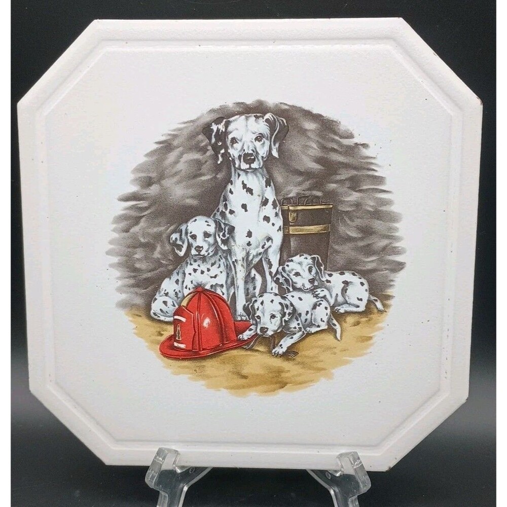 Vtg Linda Picken Dalmatian Tile Trivet Mother Puppies Fire Helmet Boots